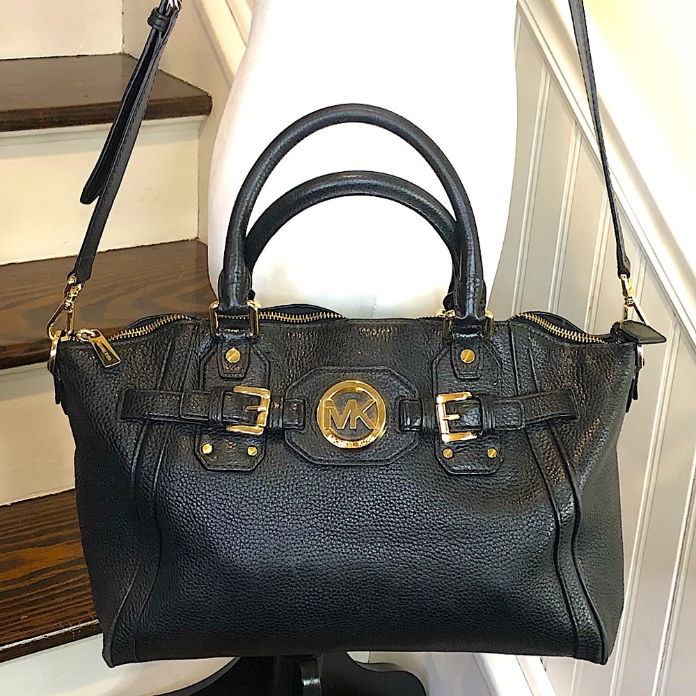 MICHAEL KORS Tumbled Black Leather Crossbody Satchel